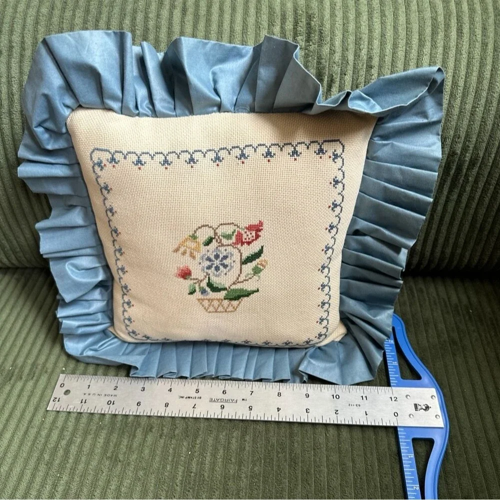 Vintage Floral Throw Pillow 15 X 15 Cottagecore Embroidery Floral Needlepoint